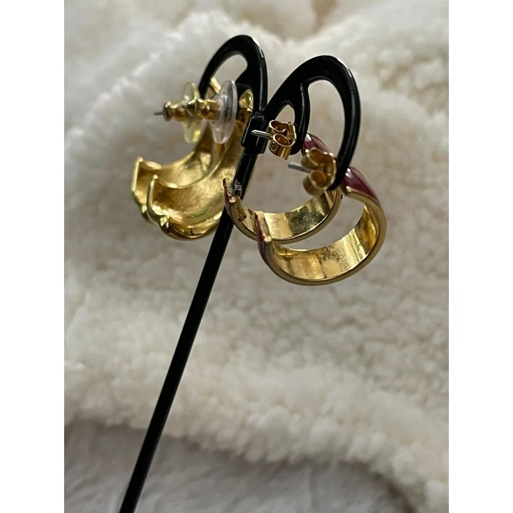 Vintage Avon Gold Tone Red Enamel Semi-Hoop Earrings - 2 Pairs - Picture 9 of 12